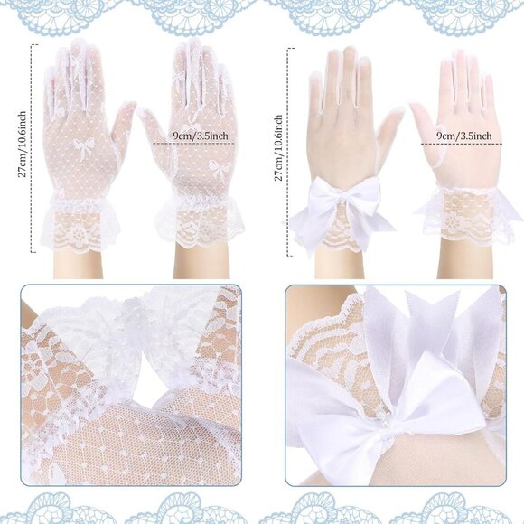 4 Pairs Tea Party Gloves for Little Girls Kids Lace Short White Satin Princess D - Picture 3 of 7